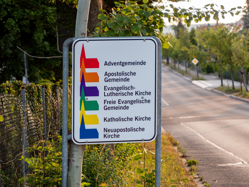 Schild mit Kirchen in einer Ortschaft.